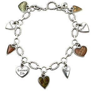 Brighton Womens Bracelet Hearts Embrace Life Silver Charms 8 Inch